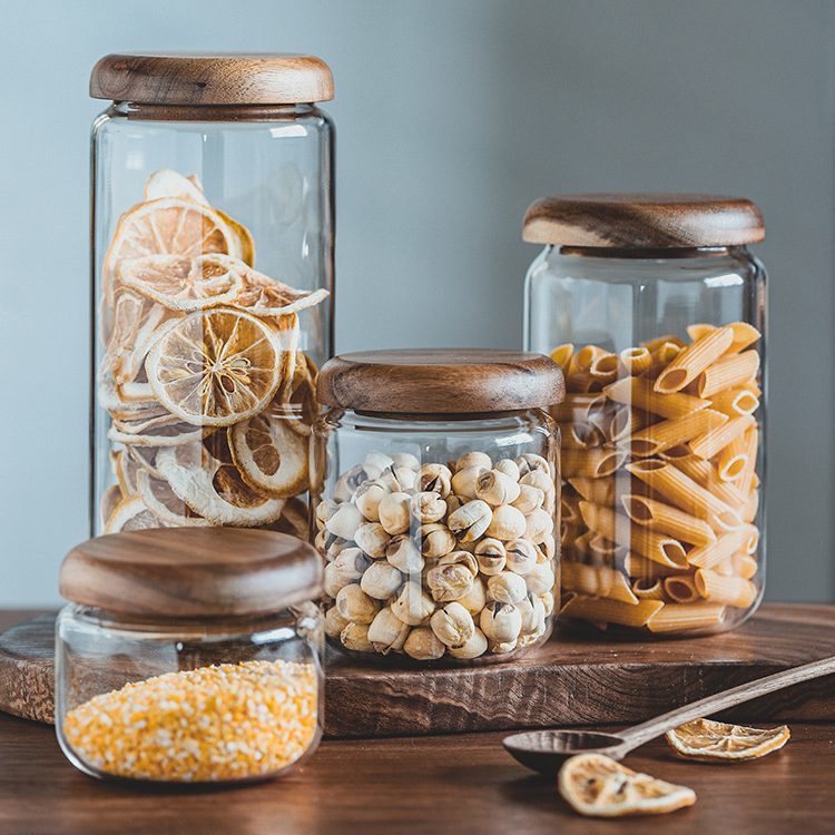 高硼硅玻璃透明密封储物收纳罐相思木带盖日式圆形茶叶杂粮蜂蜜瓶