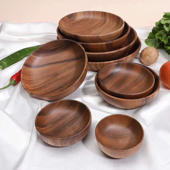 相思木圆形深果盘日式零食沙拉碗实木质矮碗平底碟整木厚底大盘子