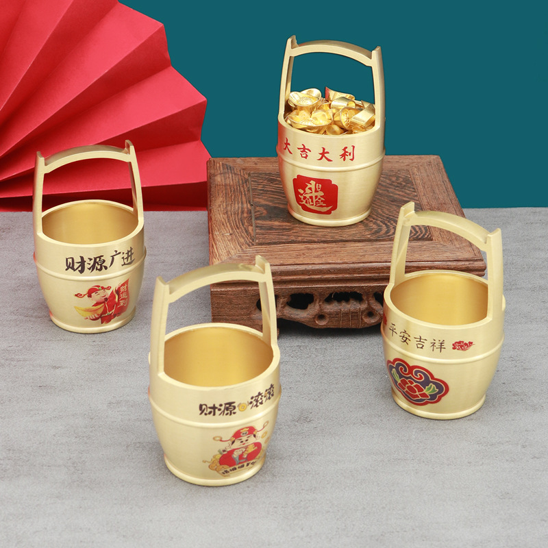一桶金纯黄铜小水桶家居桌面办公风水摆件全铜装饰工艺品铜器礼物