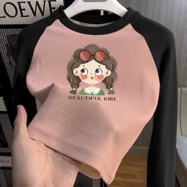 春秋装新款女童长袖上衣拼色卡通印花圆领上衣宝宝洋气休闲打底衫