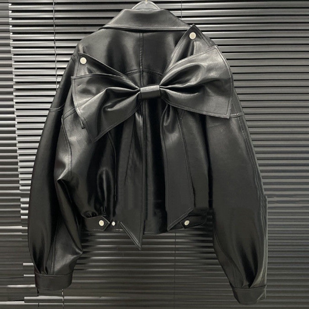 女童大蝴蝶结皮衣外套2025年秋季新款休闲时尚宽松PU皮夹克上衣潮