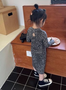 女童时髦修身豹纹连衣裙25春秋款女宝韩版甜酷炸街长袖裙子外穿潮