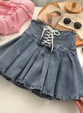 春夏女童新款弹力牛仔百褶裙韩版交叉绑带松紧腰短裙防走光半身裙