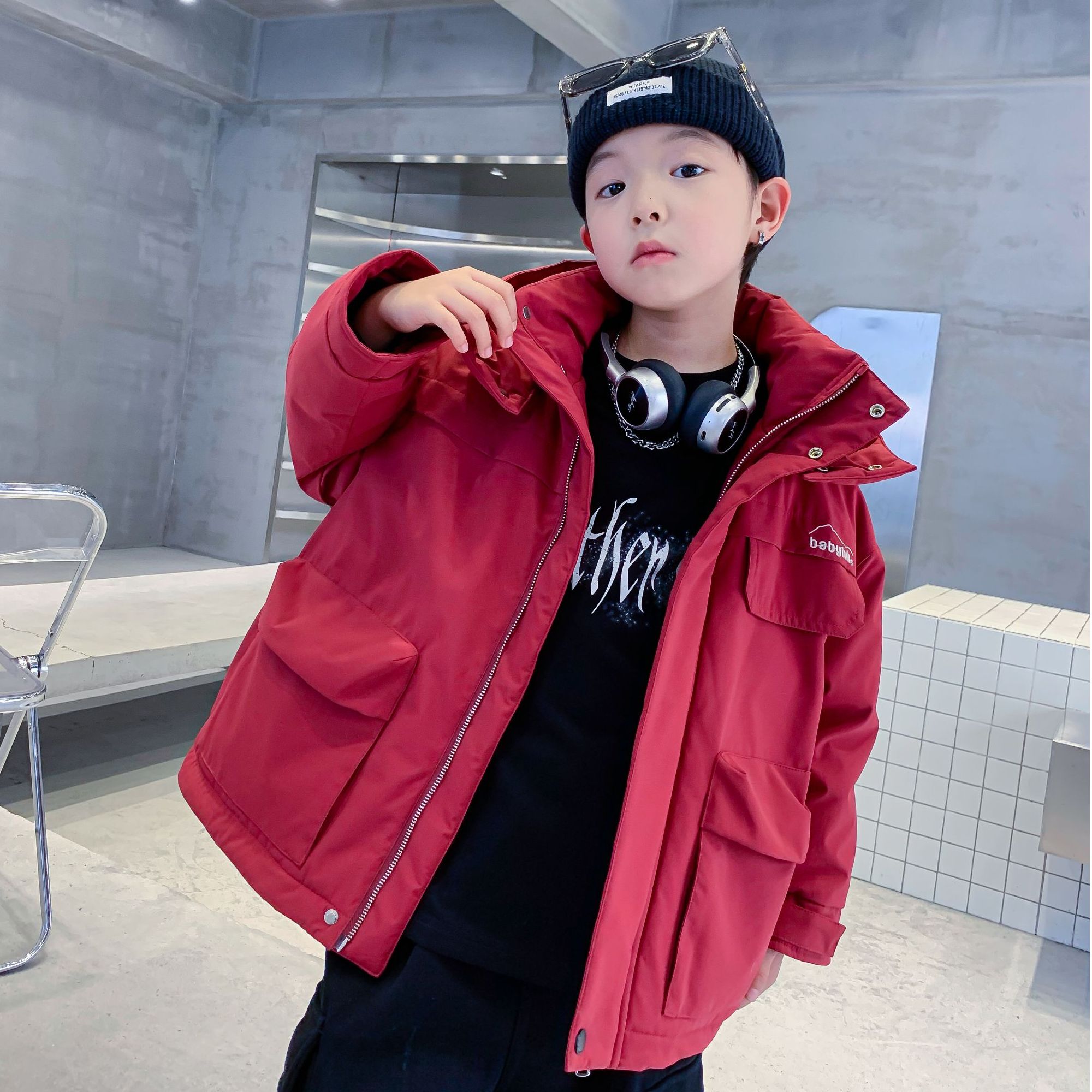 男童冬季红色冲锋衣工装羽绒服K244YRF4616