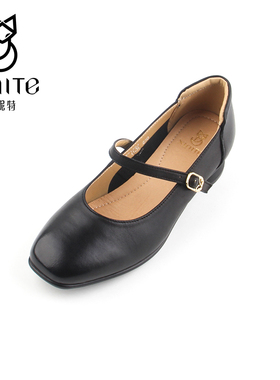 仙妮特女鞋官方旗舰店羊皮方头粗跟一字带浅口职业单鞋 X591353