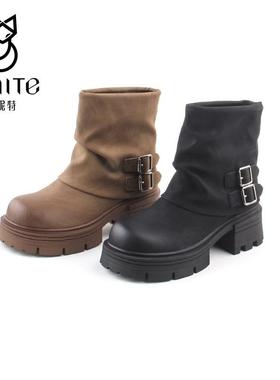 仙妮特专柜正品厚底增高马丁靴百搭小个子堆堆短靴裤管靴 X664151
