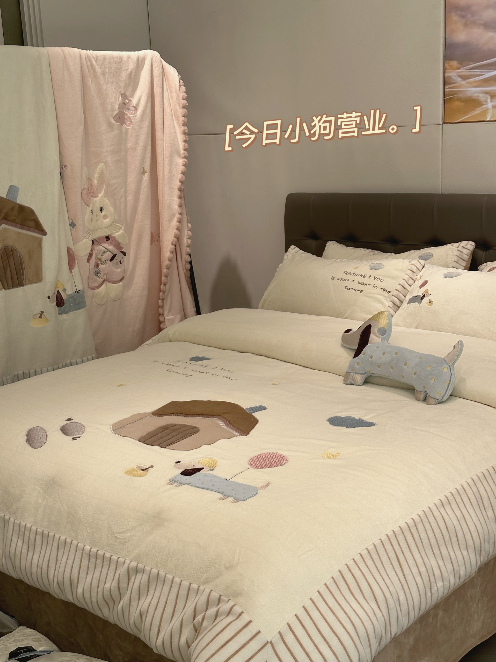 治愈系温暖绒秋冬贴布绣牛奶绒四件套卡通狗狗刺绣糯感短绒床品