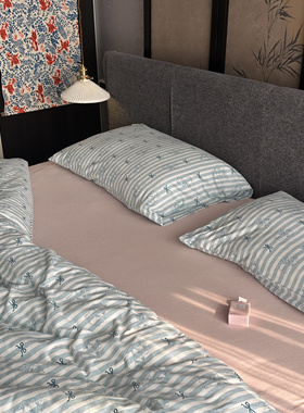 蓝色猫咪柔软针织棉四件套俏皮蝴蝶结天竺棉全棉柔软亲肤裸睡床品