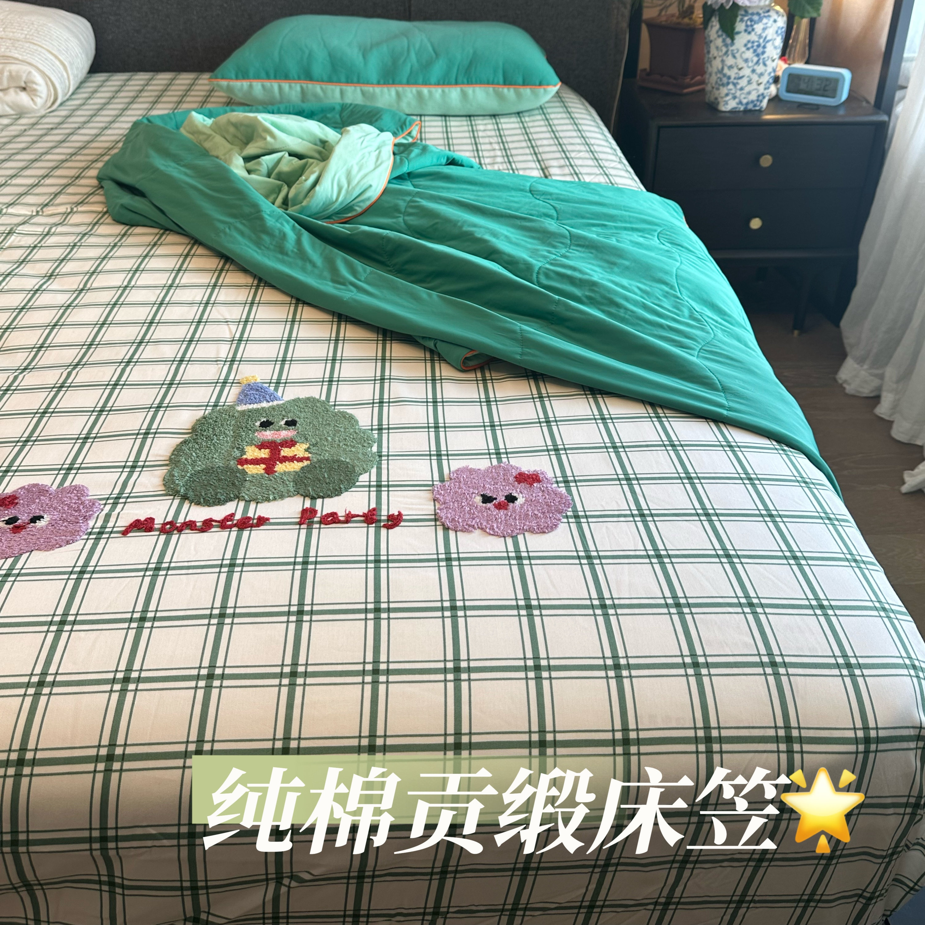 儿童床笠格子条纹纯棉柔软可爱单品床笠四季可用的长绒棉卡通床笠