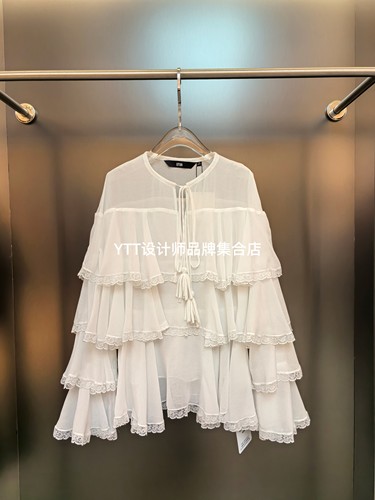 顺丰包邮 UTUH 2026春夏新款白色蕾丝设计长袖宽松蛋糕衬衫