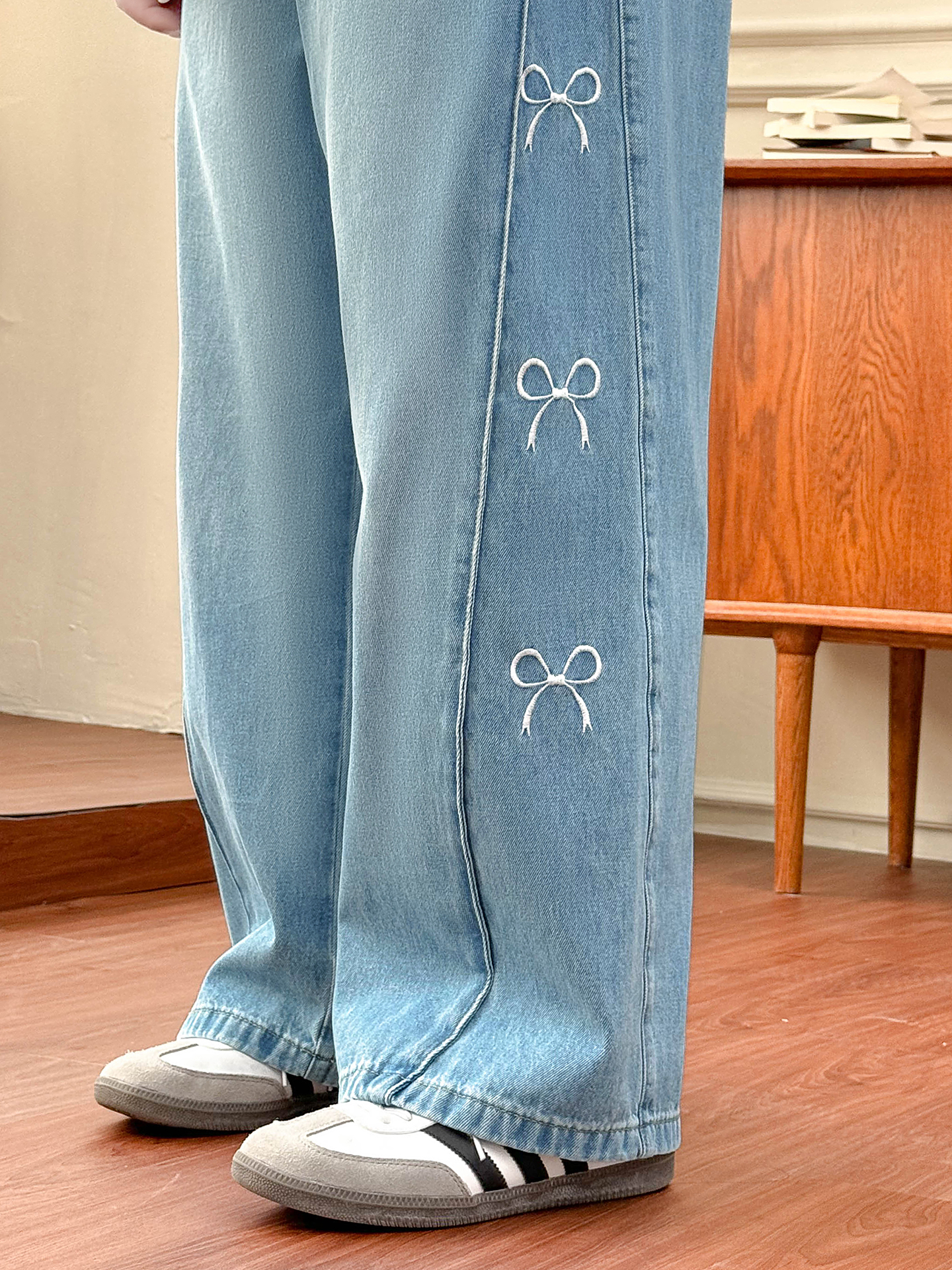 Plus Size Women's Clothing [Scimitar Jeans] Three Lengths Early Autumn New Style Bow Embroidery High-Waisted Wide-Leg Pants