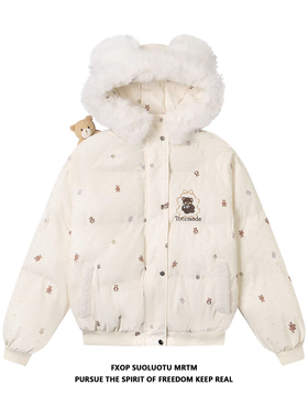 FXOP可爱波点满印小熊刺绣挂件毛领棉服外套女宽松慵懒风保暖棉衣