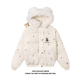 FXOP可爱波点满印小熊刺绣挂件毛领棉服外套女宽松慵懒风保暖棉衣