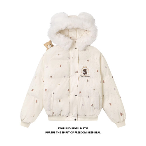 FXOP可爱波点满印小熊刺绣挂件毛领棉服外套女宽松慵懒风保暖棉衣