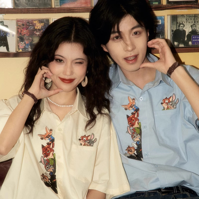 酒酿丸子ALOHA 复古独特小众设计感卡通刺绣短袖衬衫夏季情侣装