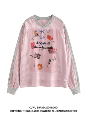 cuwu美式粉色条纹长袖t恤球衣女早秋Blokette运动风情侣辣妹上衣