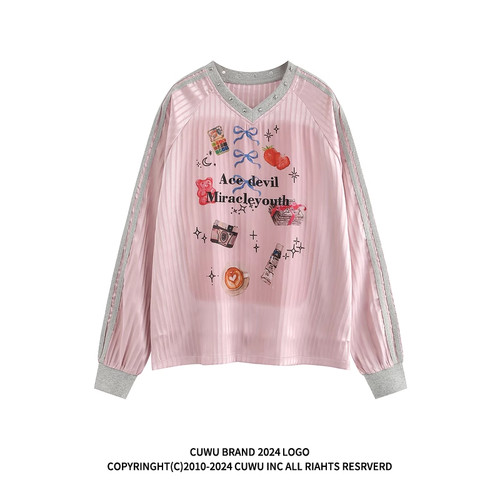 cuwu美式粉色条纹长袖t恤球衣女早秋Blokette运动风情侣辣妹上衣