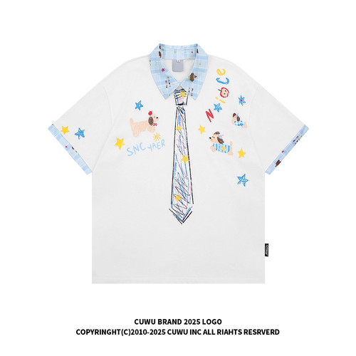 cuwu可爱小狗印花假两件POLO衫短袖T恤女男夏季休闲情侣宽松上衣