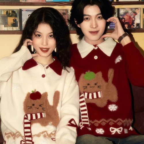 酒酿丸子ALOHA 复古翻领小众设计感学院风圣诞毛衣秋冬情侣针织衫