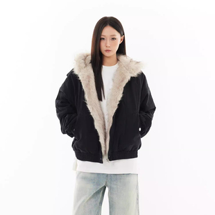 SREK座山雕加厚加绒毛绒领棉服女秋冬季重磅保暖宽松情侣棉衣外套