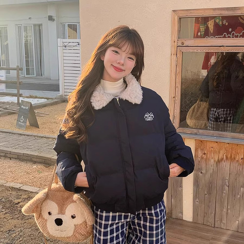 小杨羔UFAD美式羊羔毛翻领短款棉服女小个子冬季加厚保暖棉衣外套