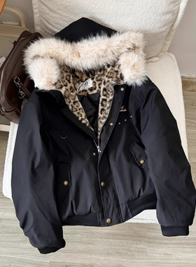 Nuneon美式复古毛领豹纹座山雕棉衣棉服女情侣冬季加厚棉袄外套潮