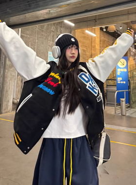 Amoeba原创国潮植绒刺绣字母棒球服2025春季新款夹棉加厚外套夹克