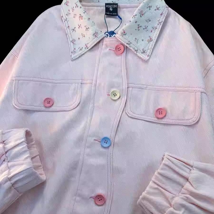 CURPOPP 原创小碎花牛仔外套女2024秋季设计感小众甜美风工装夹克