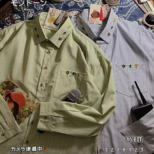 酒酿丸子ALOHA 复古港风绣花慵懒刺绣条纹长袖衬衫外套春秋情侣装