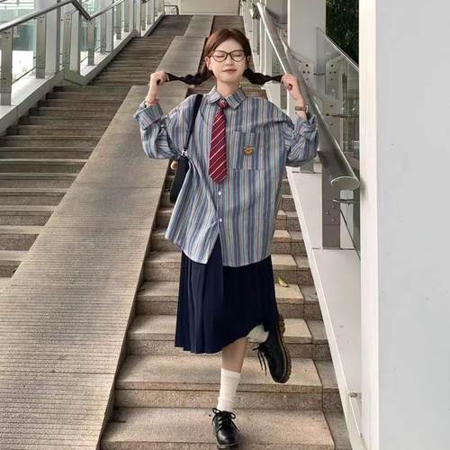 酒酿丸子ALOHA 复古港风慵懒感情侣长袖条纹衬衫日系男女春夏上衣