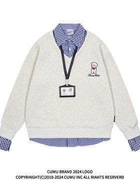 cuwu美式学院风小狗刺绣加绒卫衣女秋冬假两件宽松polo领套头上衣