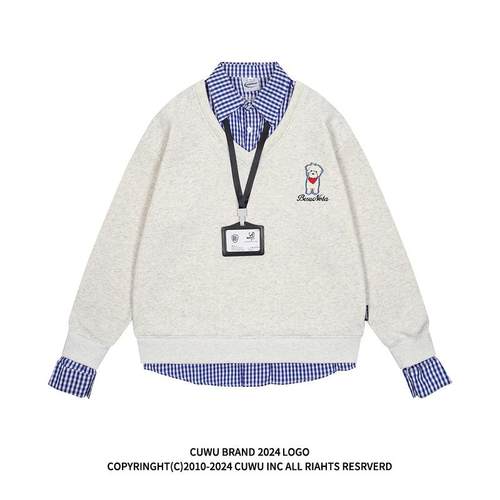 cuwu美式学院风小狗刺绣加绒卫衣女秋冬假两件宽松polo领套头上衣