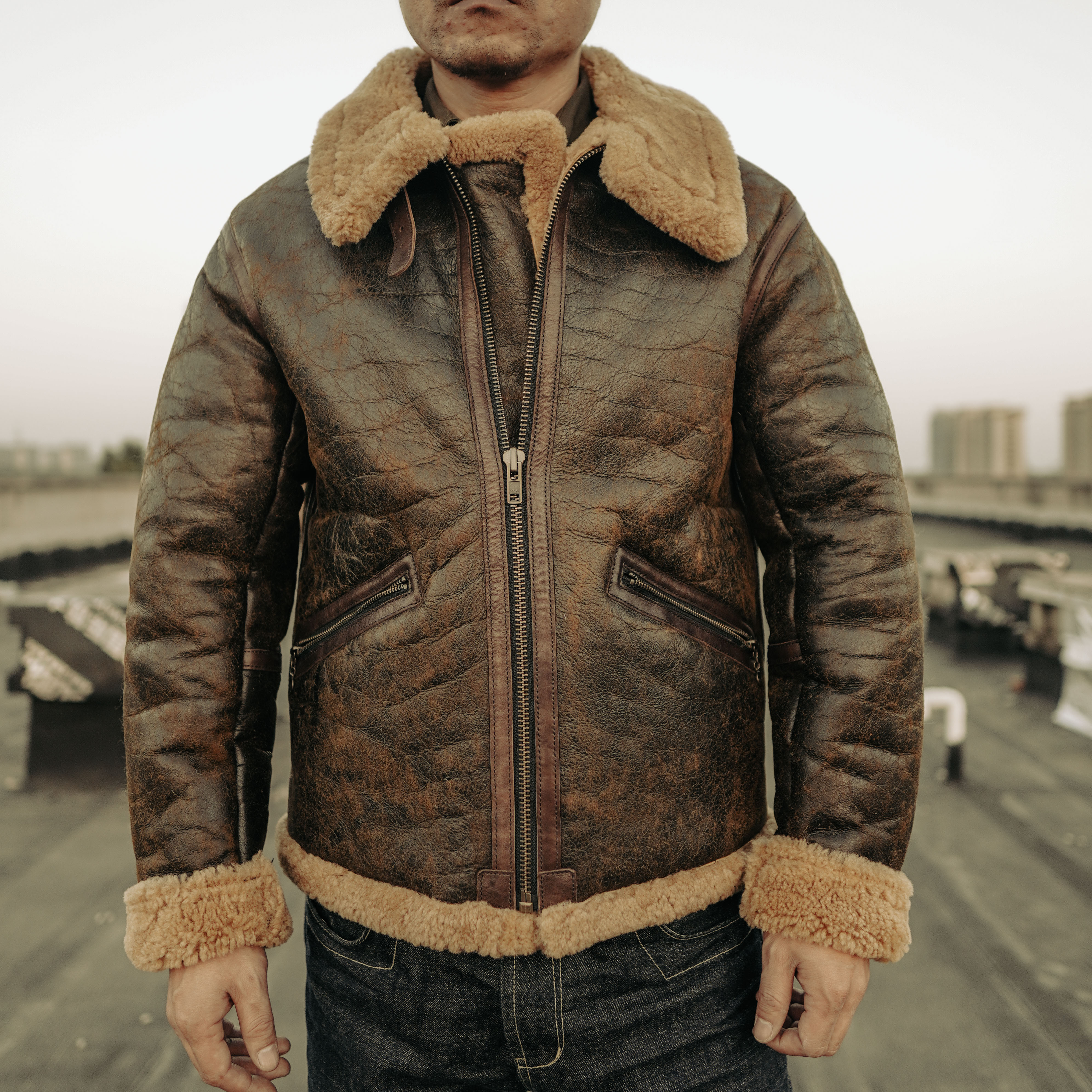 欧美男士加厚绵羊皮皮衣外套B6皮毛一体龟裂保暖冬季真皮毛