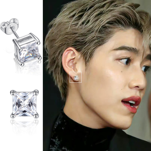 BKPP林玮凯同款耳钉男大方形四爪镶钻公主方锆石耳饰泰星周边耳饰