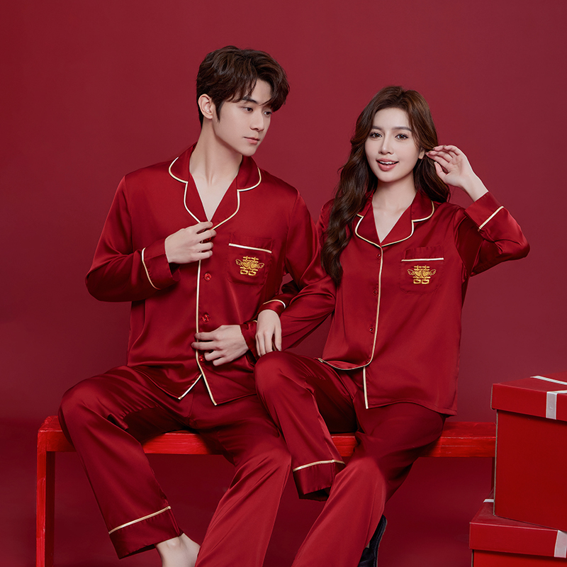 结婚睡衣新婚情侣冰丝长袖红色本命年薄款丝绸婚用家居服礼盒套装
