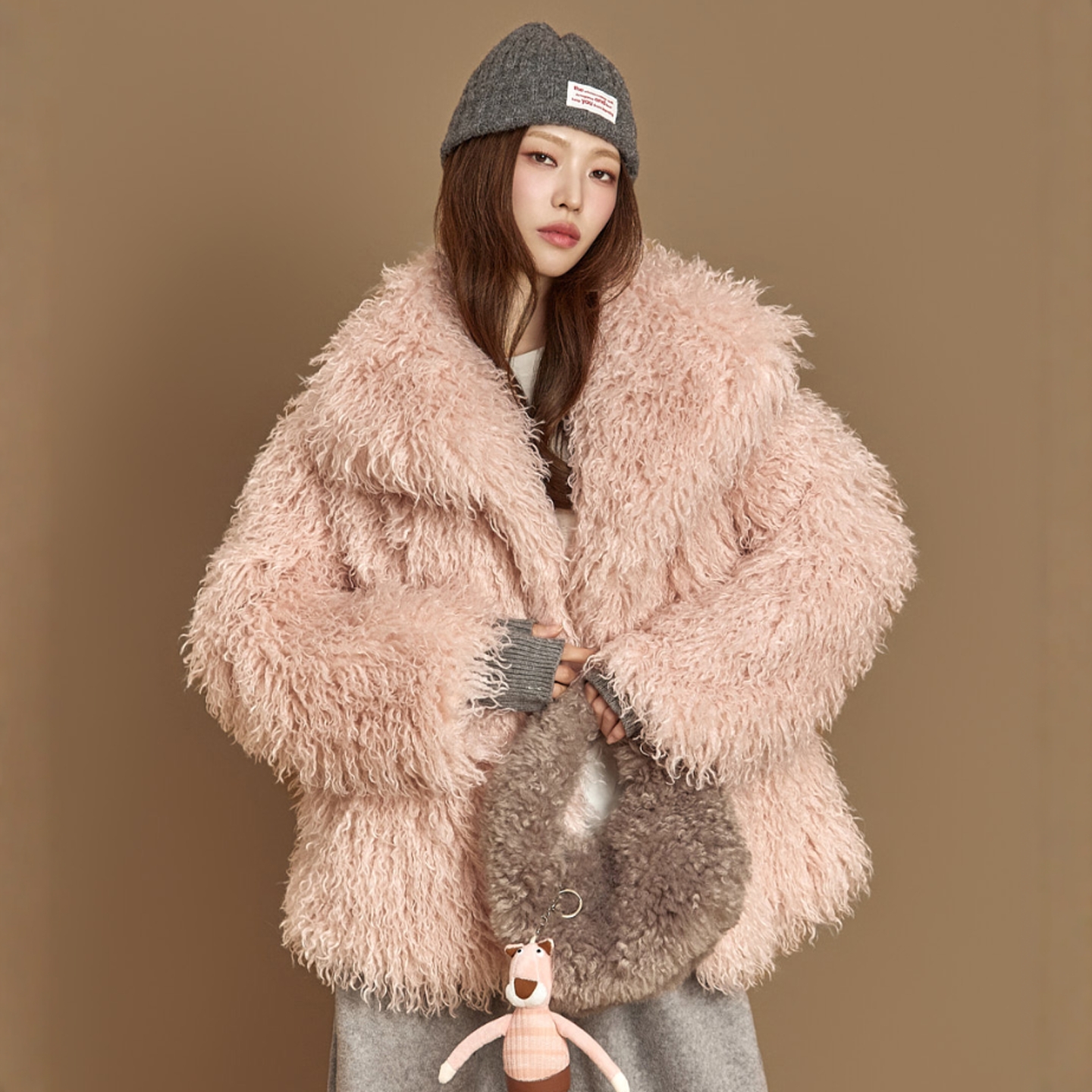 Haners家韩国代购女设计师款2025年秋冬新品宽松时尚卷毛绒外套