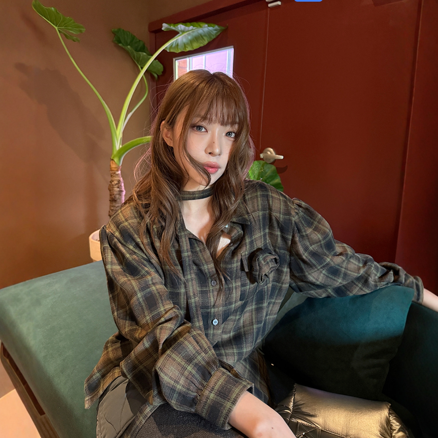 Haners家韩国代购女极简时尚2025年冬季新品立体花朵格纹衬衫上衣