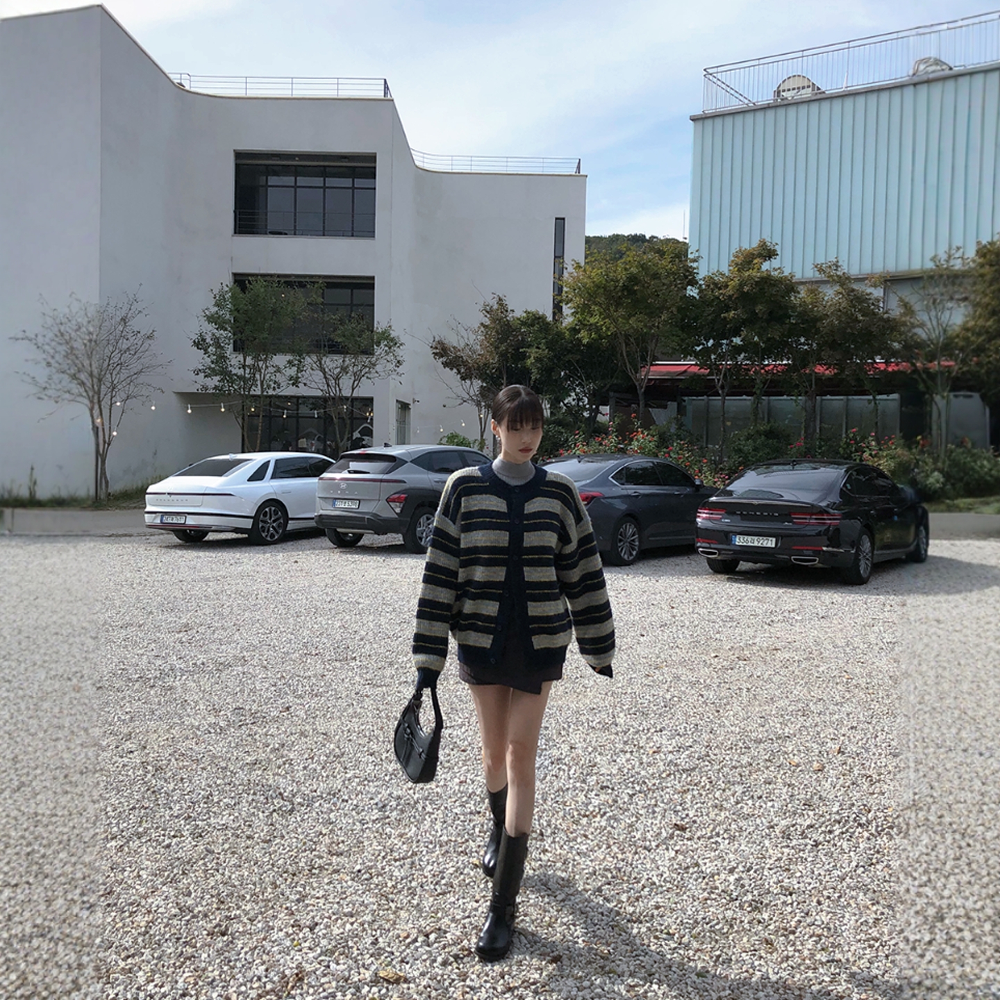 Haners家韩国代购女设计师款2025年冬季新品拼色条纹针织开衫