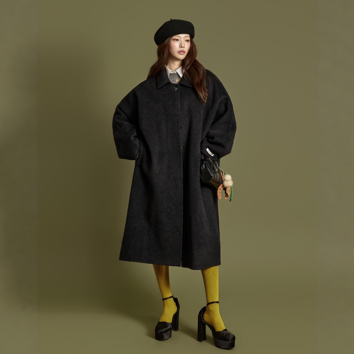 Haners家韩国代购女设计师款2025年冬季韩系纯色羊毛手工外套