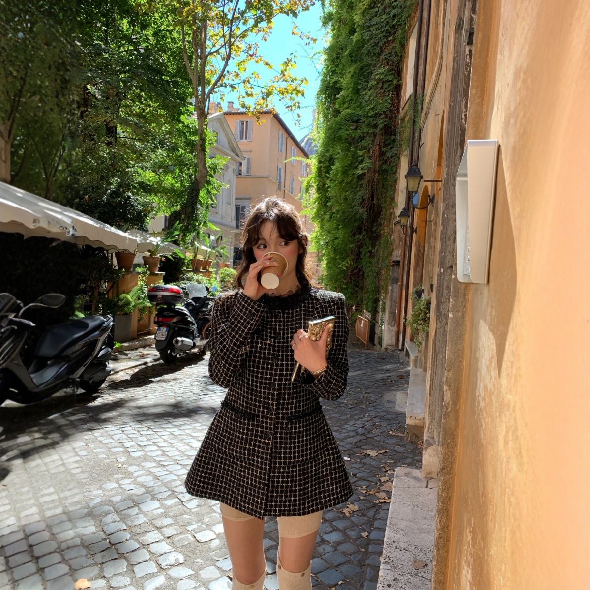 【设计师款】Haners家韩国代购法式女2025冬高定蕾丝格纹毛呢外套