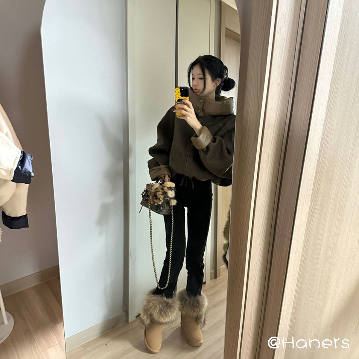 【设计师款】Haners家韩国代购女2025年冬拼色舒适的连帽毛呢外套