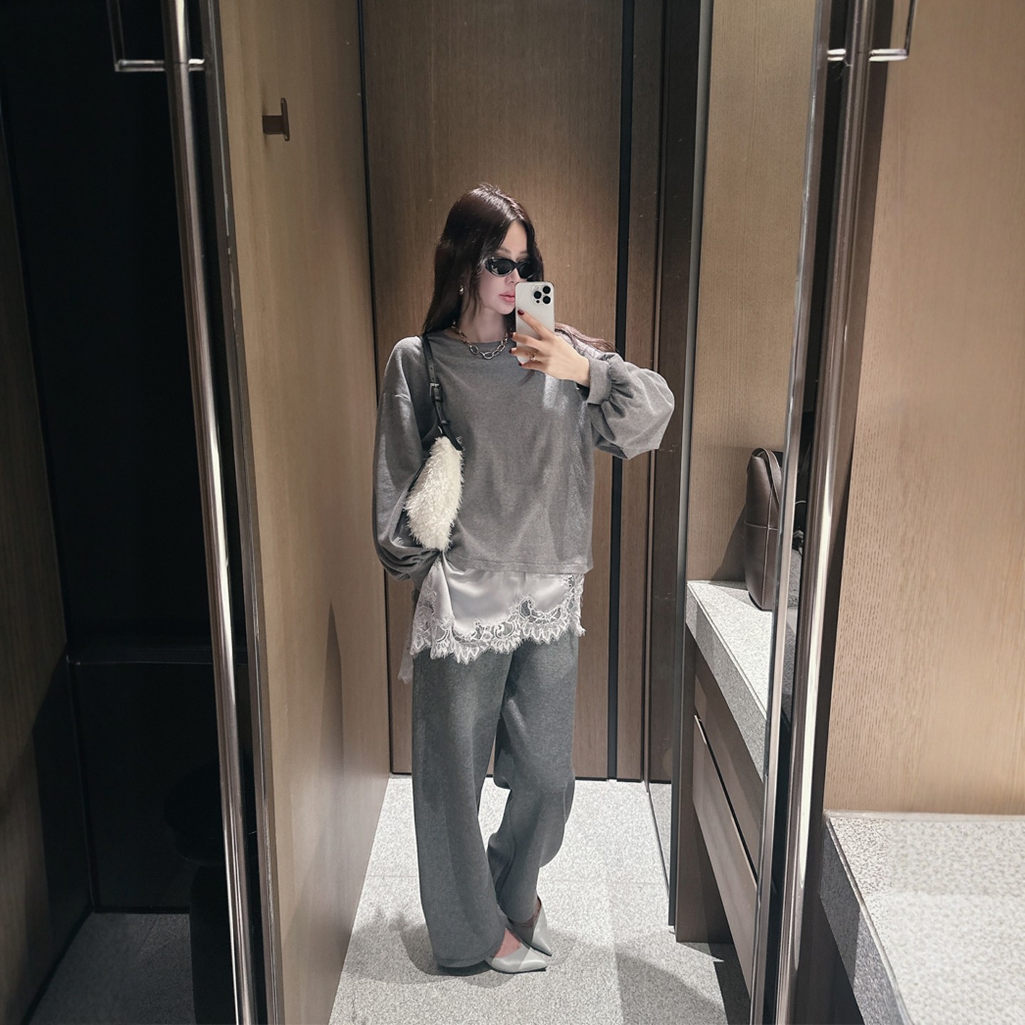 【韩国官网直邮】Partysu韩国代购正品女2025冬季蕾丝拼结长袖t恤