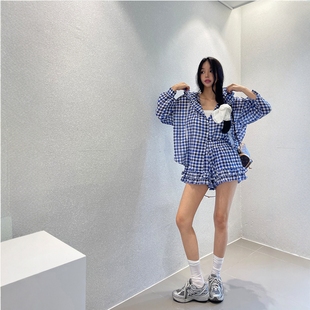 Haners家韩国代购 女清新优雅2025年夏季 新品 木耳边阔腿格纹短裤