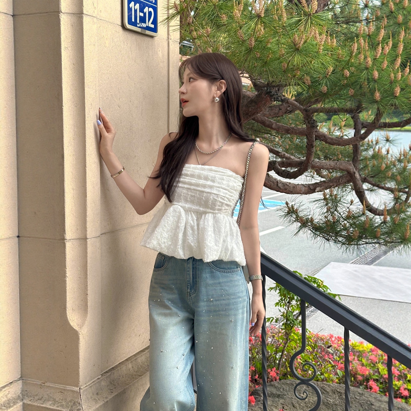 Haners家韩国代购文艺女青年2025年夏裹胸露肩修身荷叶边裙摆上衣