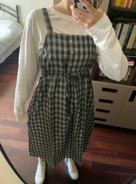 盐甜日本代购【国内现货】GRL 灰色格子背带裙套装 抽绳设计含T恤