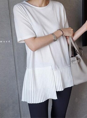 2020新款韩版chic娃娃衫上衣蓬蓬夏季短袖宽松显瘦拼接百褶t恤女