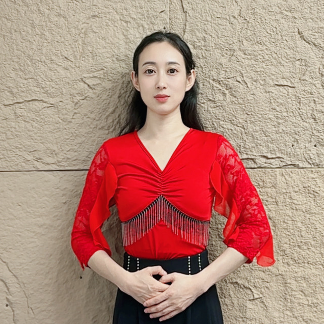 欢舞阁气质摩登舞吉特巴时尚女士v领流苏蕾丝袖舞蹈服A0920