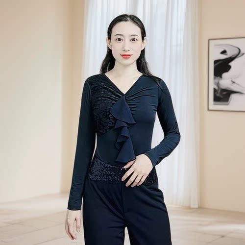 欢舞阁摩登双人舞吉特巴广场舞气质女士V领拼接时尚长袖舞衣A0816