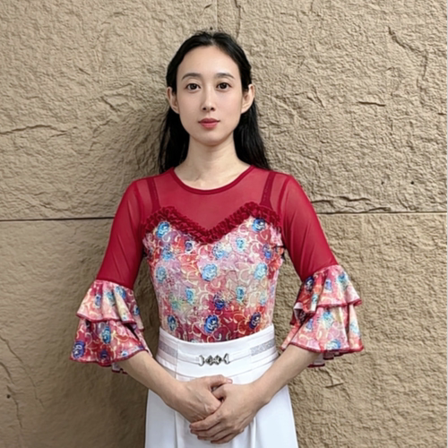 欢舞阁摩登舞女士吉特巴时尚气质圆领喇叭七分袖舞蹈服A0938