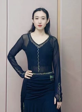 欢舞阁吉特巴摩登舞气质女士烫钻交际舞广场舞连裆长袖舞衣A0598